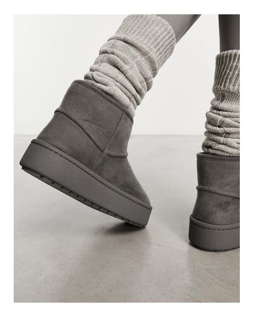 Monki Gray Faux Suede Mini Platform Boot Slippers