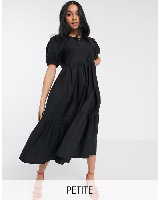 Y.A.S Petite Black Tiered Smock Midi Dress With Puff Sleeve