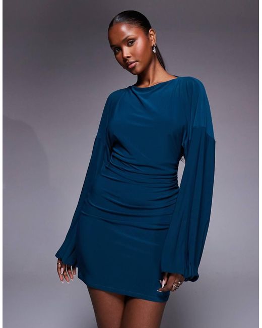 ASOS Blue Long Sleeve Mini Dress With Gauged Detail