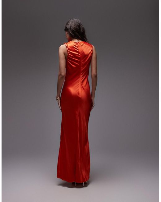 TOPSHOP Red Bias Ruched Arm Hole Maxi Occasion Dress