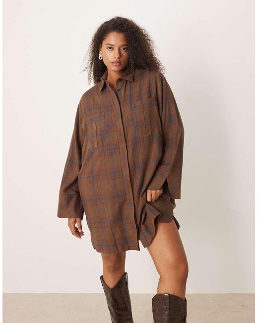 ASOS Brown Asos Design Curve Mini Shirt Dress With Wide Cuffs And Oversized Pockets