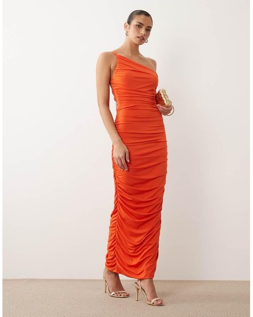 TFNC London Red Slinky One Shoulder Ruched Open Back Maxi Dress