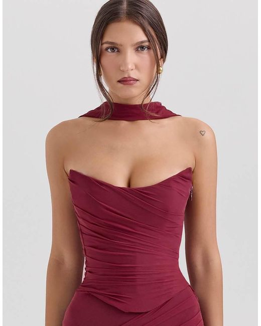 House Of Cb Red Cassidy Fluted Hem Mesh Maxi Skirt