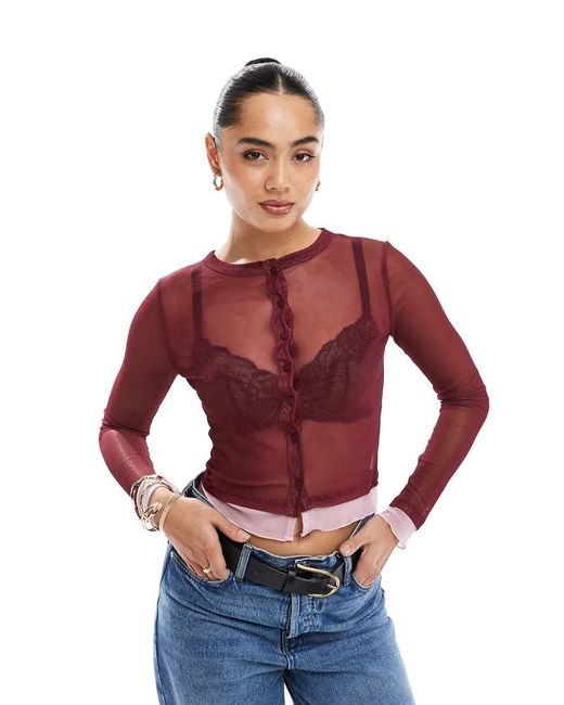 ASOS Top Van Mesh Met Knopen En Contrasterende Bies in het Red
