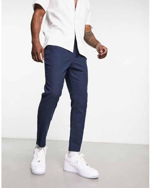 Only & Sons Blue Linen Mix Tapered Fit Trousers for men