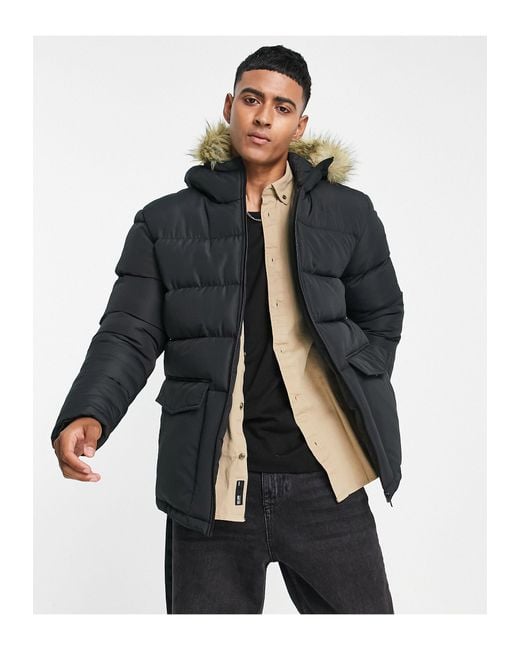 French Connection Blue Padded Parka Jacket With Faux Fur Hood for men