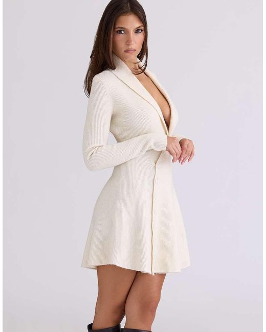 House Of Cb White Ayla Cream Asymmetric Knitted Mini Dress