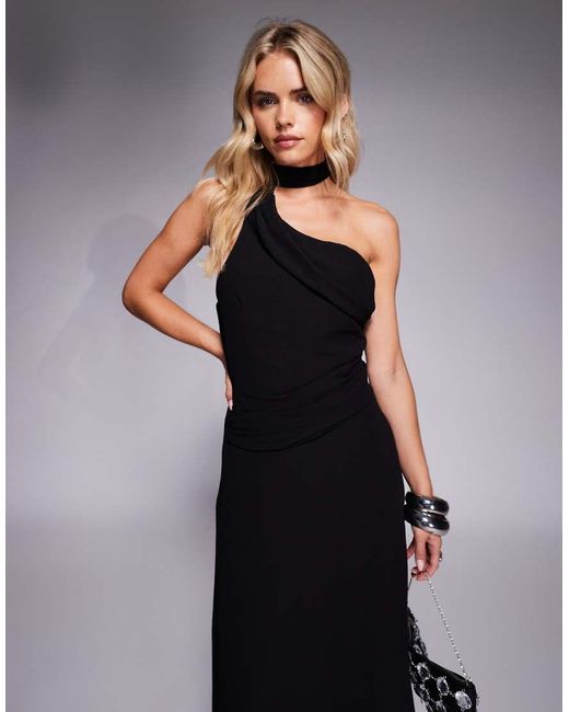 TFNC London Black One Shoulder Scarf Neck Maxi Dress