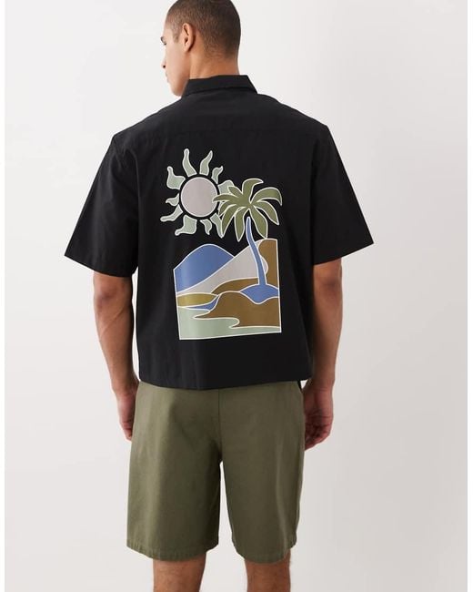 Threadbare Black 100% Cotton Boxy Fit Short Sleeve Shirt With Sun Graphic for men