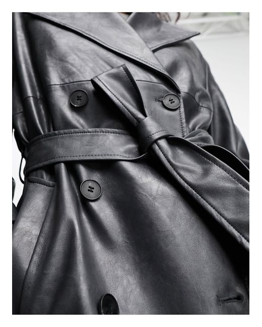 Bershka Gray Worn Faux Leather Trench Coat