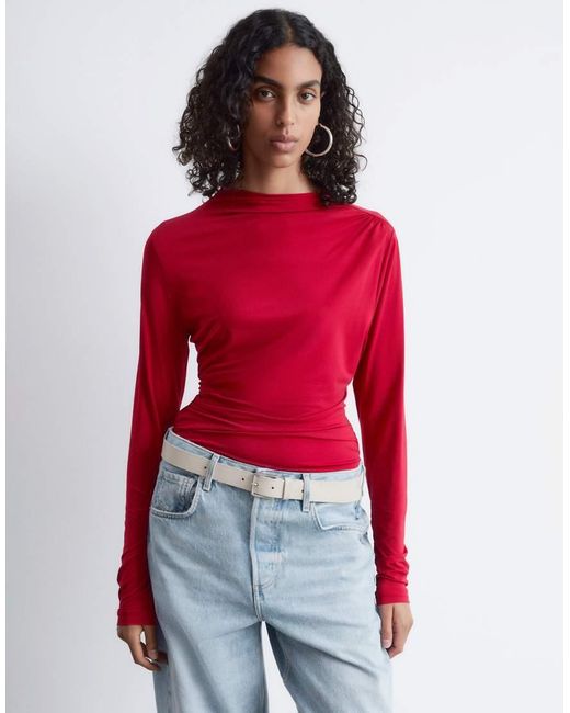 & Other Stories Red Asymmetric Ruched Long Sleeve Jersey Top