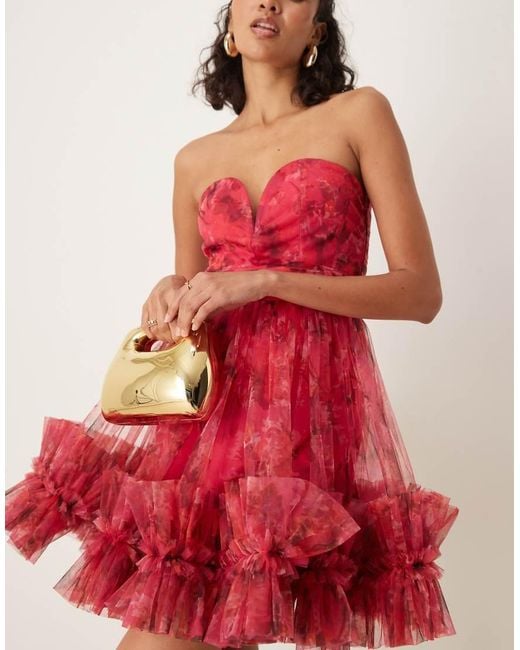LACE & BEADS Red Ruffle Hem Sweetheart Mini Tulle Dress