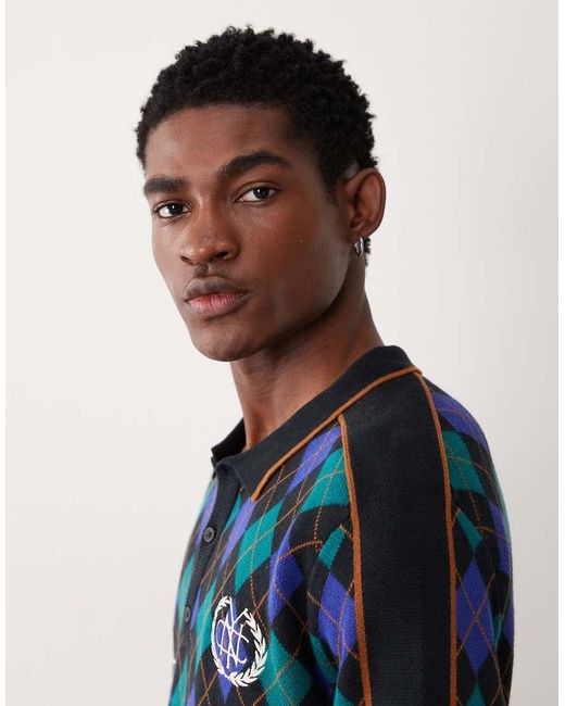 ASOS Blue Relaxed Knitted Argyle Print Polo With Brooklyn Embroidery for men