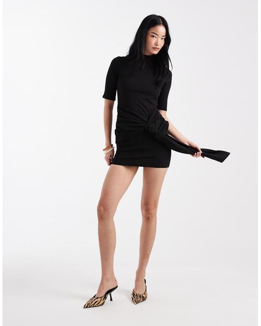 ASOS Black Grown On Neck Mini Dress With Half Sleeve And Waist Tie Detail
