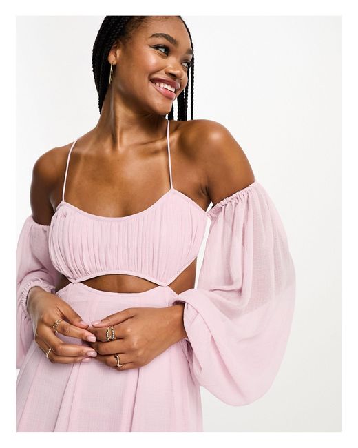 ASOS Pink Asos Design Tall Ruched Bust Off Shoulder Cut Out Babydoll Maxi Dress