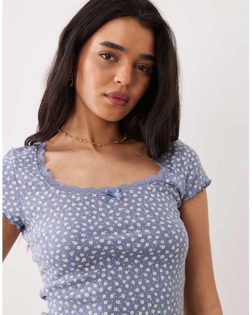 Miss Selfridge Blue Pointelle Square Neck Lace Trim Tee