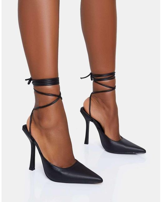 Public Desire Black Verity Slingback Lace Up Pointed Court Stiletto Heels