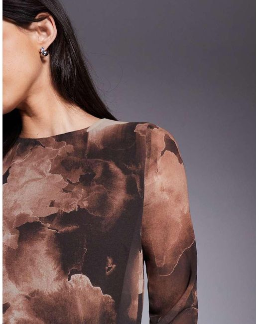 DASKA Brown Chiffon Asymmetric Blouson Top Maxi Dress