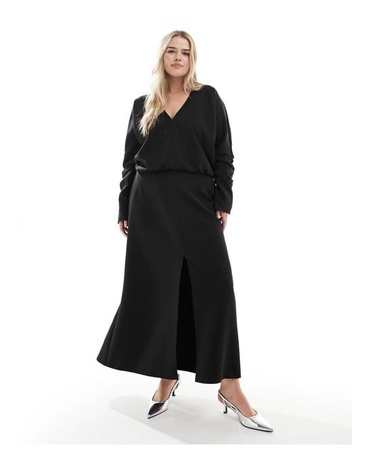 ASOS Black Asos Design Curve V Neck Long Sleeve Blouson Midi Dress With Front Split