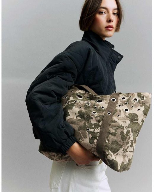 Bershka Green Eyelet Tote Bag