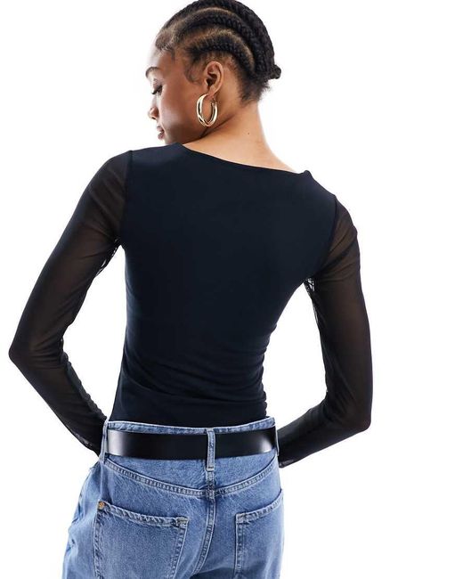 ASOS Blue Asos Design Tall Sweetheart Neckline Bodysuit With Mesh Sleeve