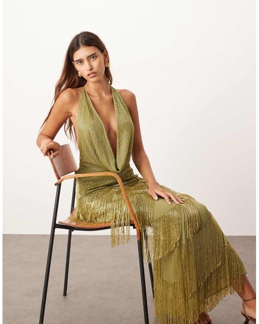ARRANGE Beaded Fringe Plunge Cowl Neck Maxi Dress in Green | Lyst
