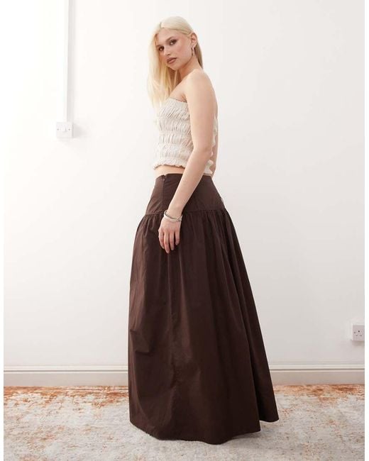 Monki Brown Floaty Poplin Maxi Skirt With Drop Waist Detail