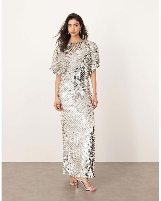 ARRANGE Natural Sequin And Fringe Strong Shoulder Midi Dress