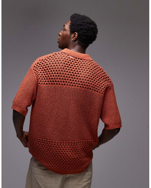 Topman Red Open Knit Pattern Polo for men
