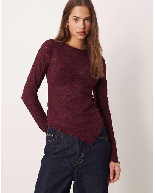 Gina Tricot Red Lace Asymmetric Long Sleeve Top