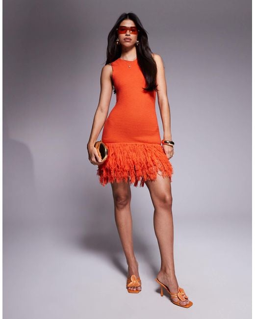 Aria Cove Orange Crochet Knitted Sleeveless Tassel Hem Mini Beach Dress