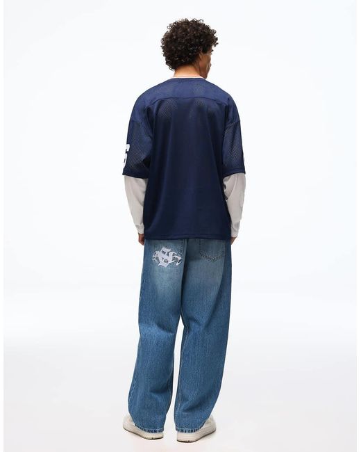 Bershka Blue Embroidered Neobarrel Jeans for men