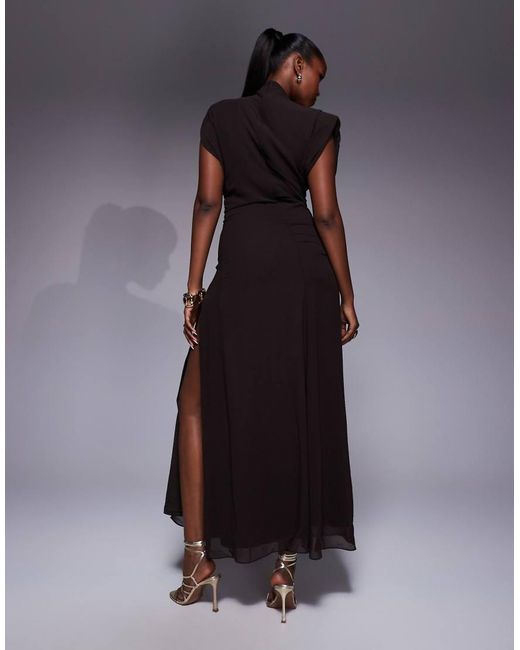 TFNC London Blue High Neck Maxi Dress With Shoulder Pads