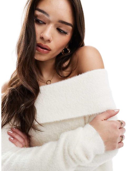 Style Cheat White Fluffy Knit Bardot Jumper