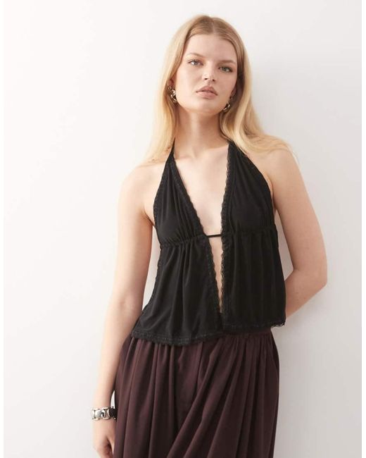 Collusion Black Backless Ruched Front Strappy Top With Lace Trim -brown