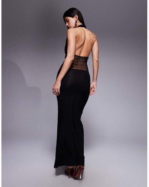 ASOS Halter Maxi Dress With Mesh Panel in Blue | Lyst UK