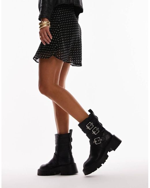 TOPSHOP Black Luke Chunky Biker Boots With Buckle Detail