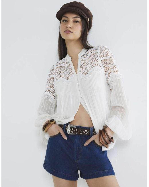 River Island White Long Sleeve Pleated Lace Blouse