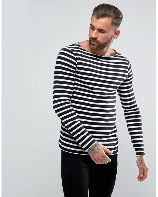 ASOS Black Long Sleeve T-shirt With Stripes And Boat Neck for men