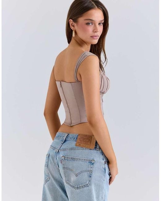 House Of Cb Blue Anja Mocha Georgette Cap Sleeve Corset Top