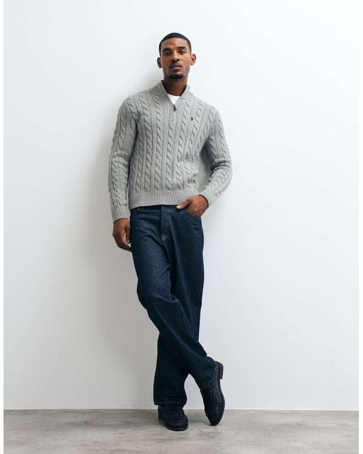 Polo Ralph Lauren Gray Icon Logo Cotton Cable Quarter Zip Sweatshirt for men