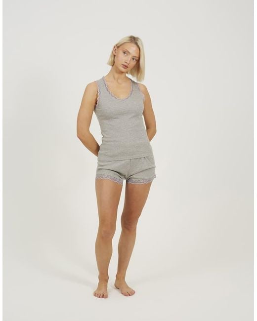 Brave Soul Gray Lace Trim Vest And Short Pyjama Set