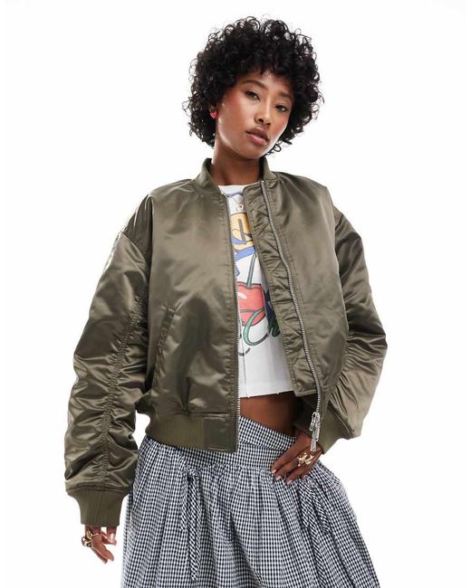 Monki Gray Satin Bomber Jacket With Front Welt Pockets