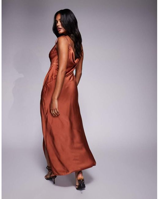 ASOS Brown Satin Tie Strap Maxi Dress With Split Detail