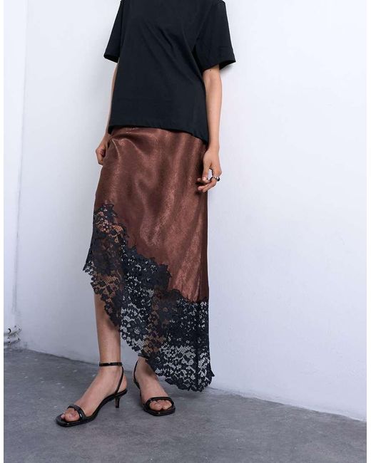 TOPSHOP Brown Satin Asymmetric Lace Hem Maxi Skirt