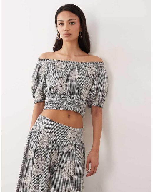 Y.A.S Gray Floral Embroidered Milkmaid Style Crop Top Co-ord