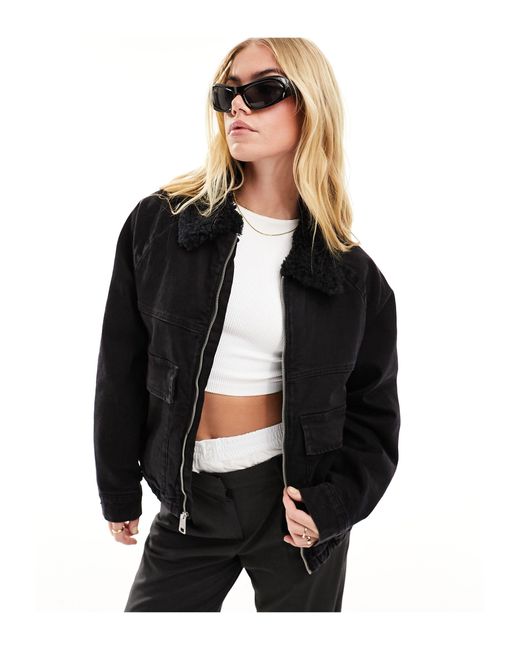 Hollister Denim Bomber Jacket With Faux Fur Collar in Black Lyst UK