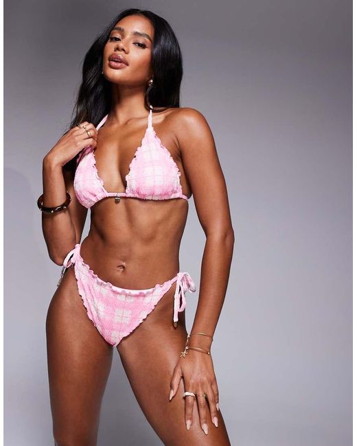 River Island Pink Check Bikini Top