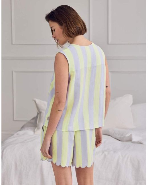 Chelsea Peers Gray Linen Blend Scallop Edge Tie-Front Stripe Cami Short Pyjama Set