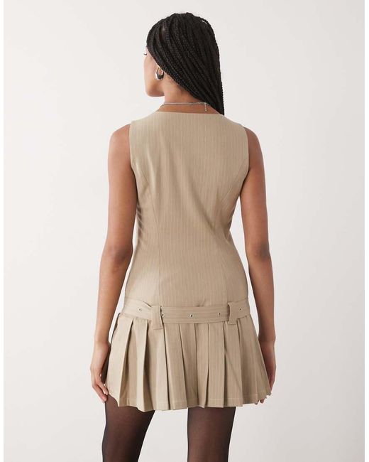 The Ragged Priest Natural Pinstripe Drop Waist Pleated Mini Dress